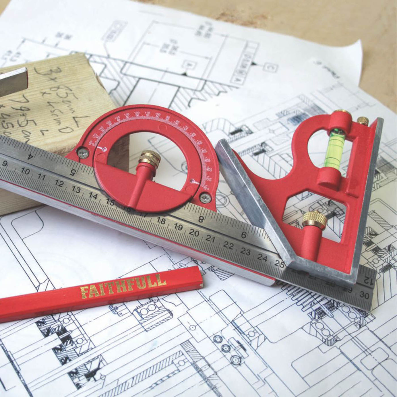 Faithfull Combination Square With Protractor Stainless Steel 12inches Red 300mm - Image 3