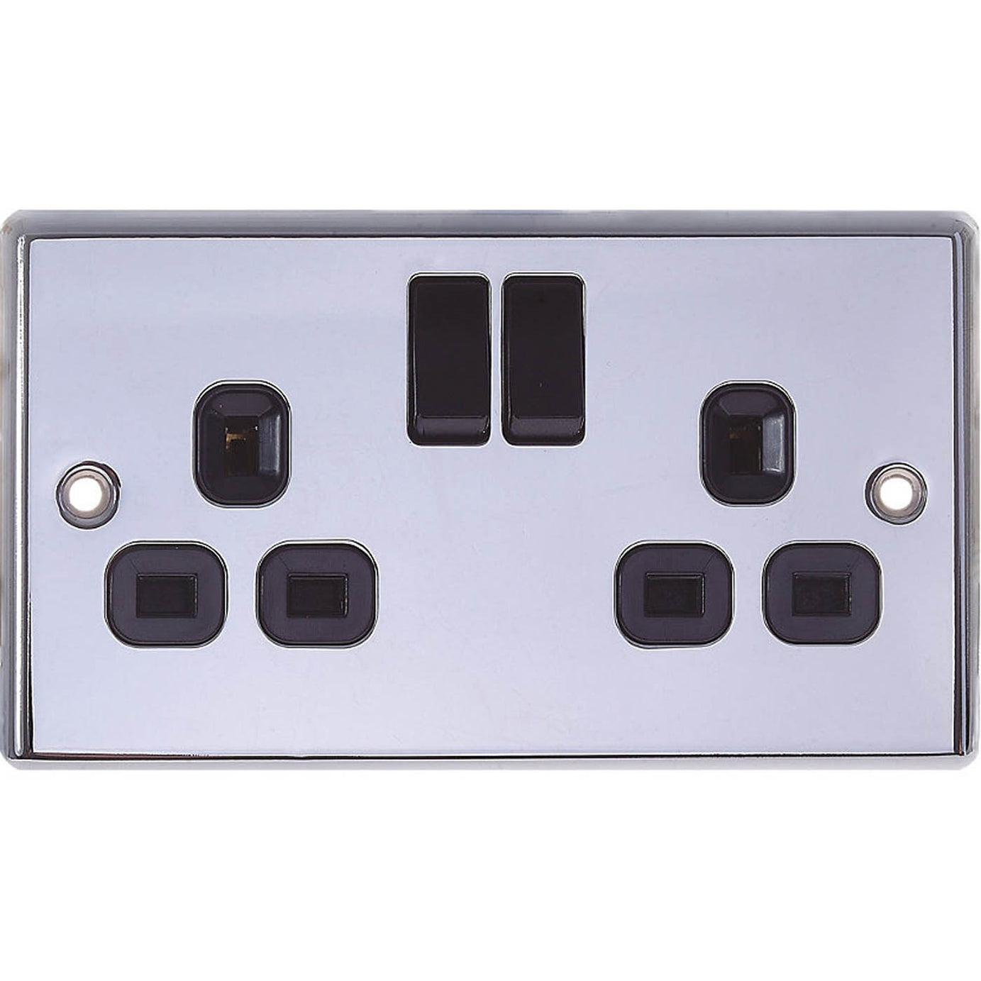 LAP Plug Sockets Switched 13A 2-Gang SP Polished Chrome Black Inserts Pack of 5 - Image 3