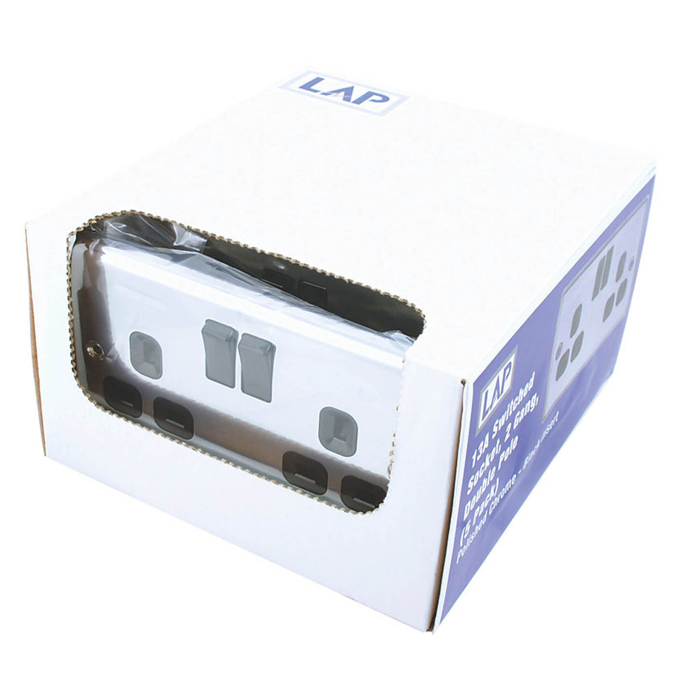 LAP Plug Sockets Switched 13A 2-Gang SP Polished Chrome Black Inserts Pack of 5 - Image 4