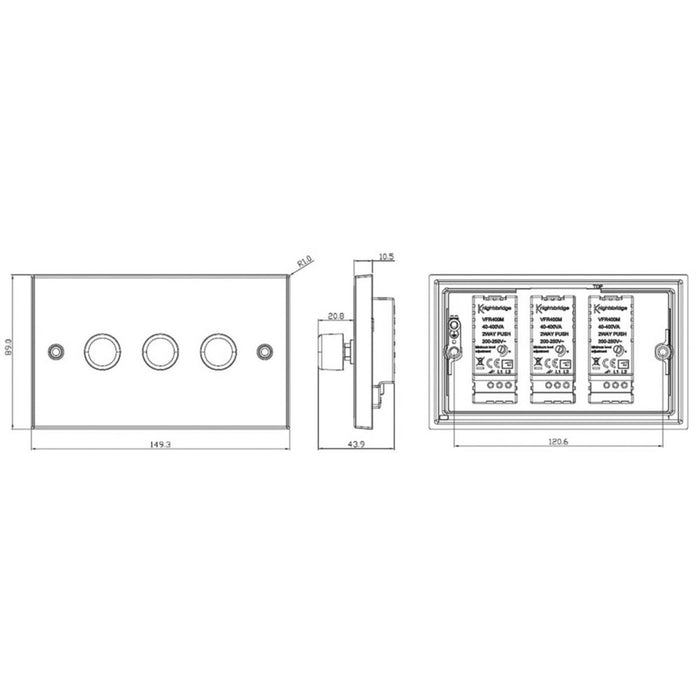 Knightsbridge Dimmer Switch 3 Gang 2 Way LED Intelligent Brushed Chrome - Image 2