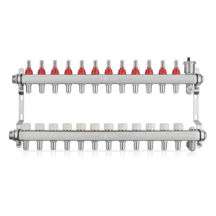 LowFit Underfloor Heating Manifold Push-Fit Connection 12 Port Brushed Steel - Image 1