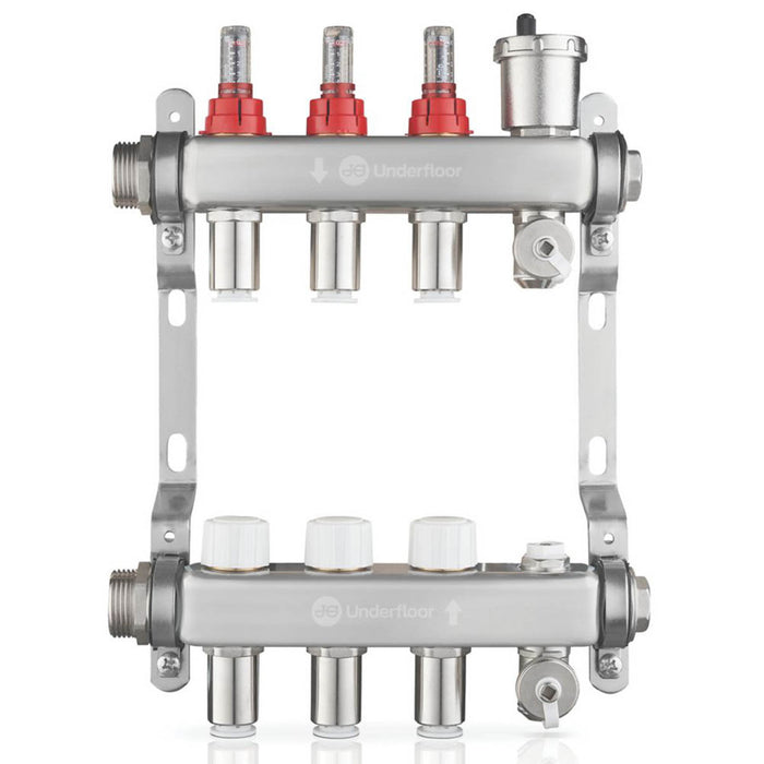 Underfloor Heating Manifold LowFit 3 Port Brushed Steel Push-Fit Connection - Image 1