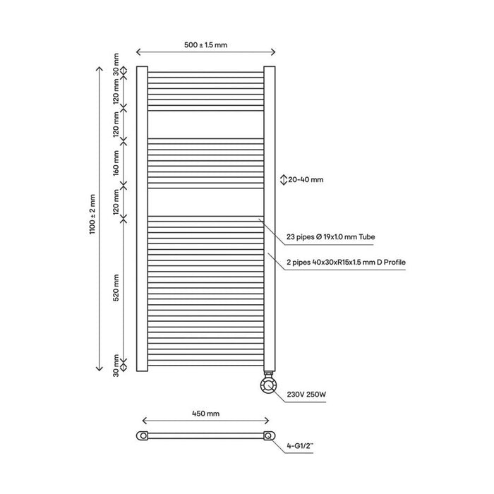 Electric Towel Rail Radiator Chrome Flat Warmer Pre-Filled 1100 x 500mm 852BTU - Image 5