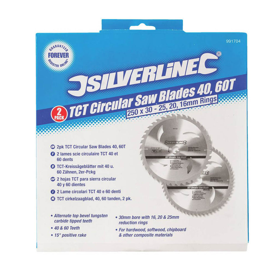 Silverline Circular Saw Blades Wood/Chipboard/MDF TCT 250x30mm 40/60T 2 Pieces - Image 3