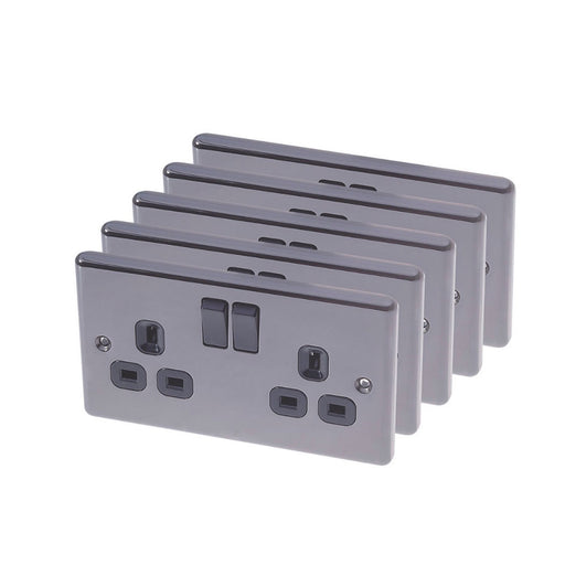 Lap Wall Plug Sockets Black Nickel 2 Gang Single Pole 13A Switched Pack Of 5 - Image 1