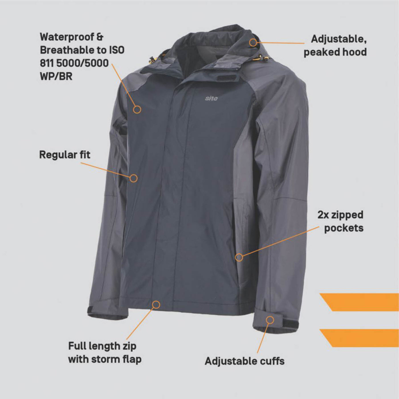 Site Work Jacket Mens Grey Waterproof Hooded Breathable Medium Size 47in Chest - Image 3