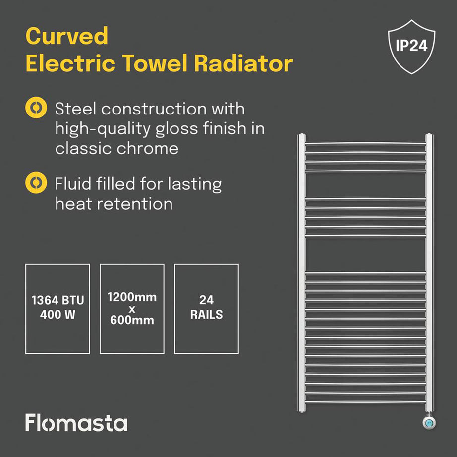Flomasta Electric Towel Radiator Chrome Curved 1200mm x 600mm 1364BTU - Image 4