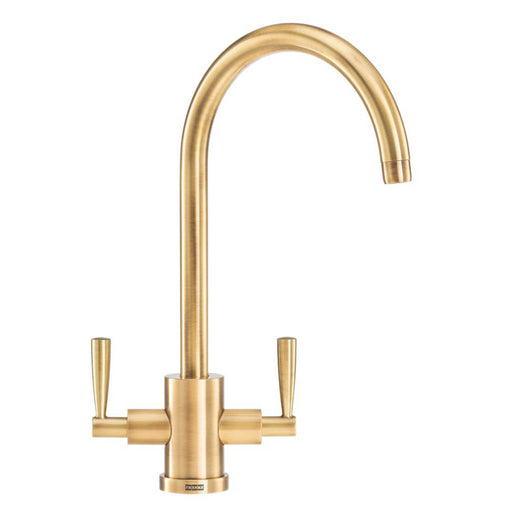 Kitchen Mixer Tap Modern Dual Lever Brass Gold Curved Swivel Spout Ceramic Disc - Image 1