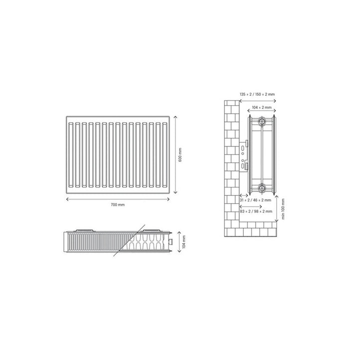 Flomasta Convector Radiator Double-Panel Horizontal White Central Heating 1196W - Image 5