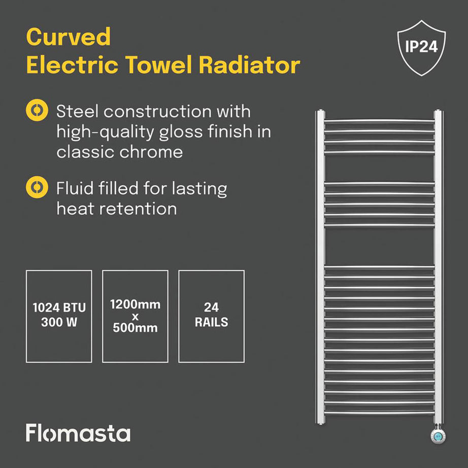Flomasta Towel Radiator Electric Chrome Gloss Curved 1200mm x 500mm 1024BTU - Image 4