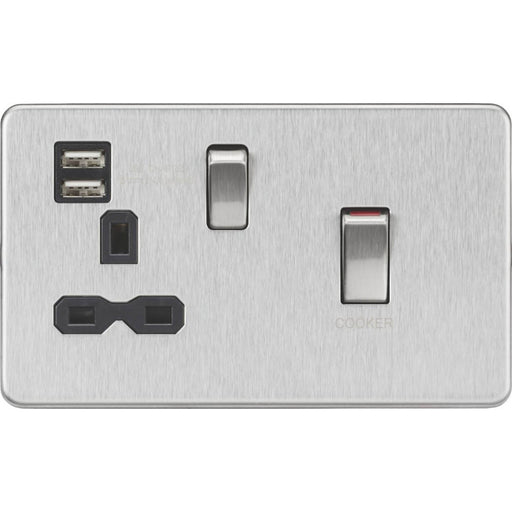 Cooker Switch And Switched Socket 13A 1-Gang 2-Outlet Type A USB Brushed Chrome - Image 1