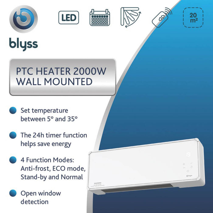 Blyss BL PTCM 2000W Electric Wall-Mounted Heater White - Image 3