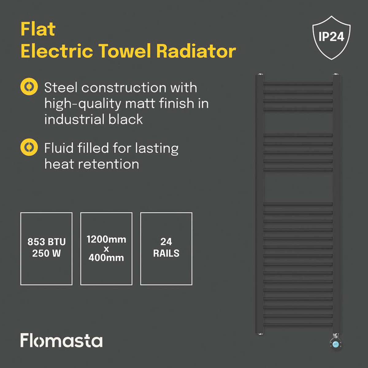Flomasta Electric Towel Rail Radiator Black Flat Bathroom Warmer (H)120x(W)40cm - Image 4