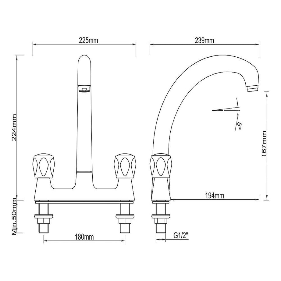 Kitchen Sink Mixer Tap Swivel Spout Dual Lever Chrome Brass Modern Round Head - Image 4