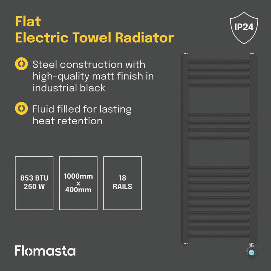 Flomasta Towel Radiator Electric Black Flat Ladder Warmer 1000mm x 400mm 853BTU - Image 4