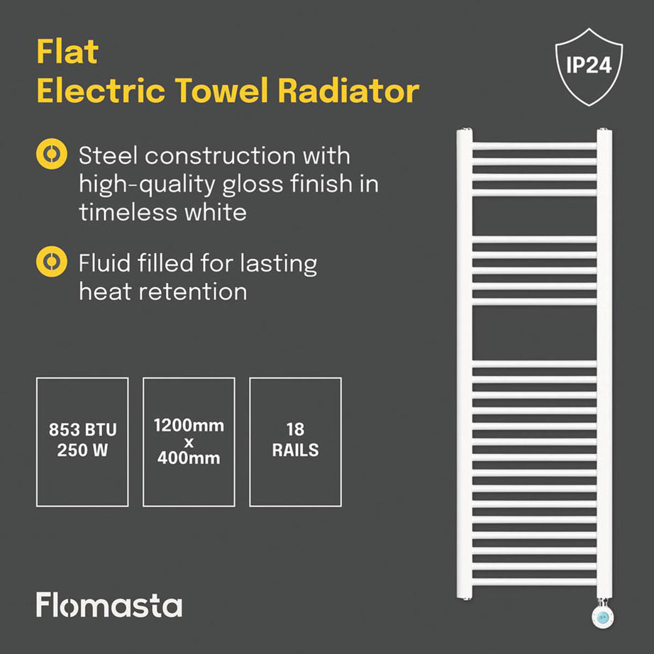 Flomasta 1200mm x 400mm 853BTU White Flat Electric Towel Radiator - Image 4