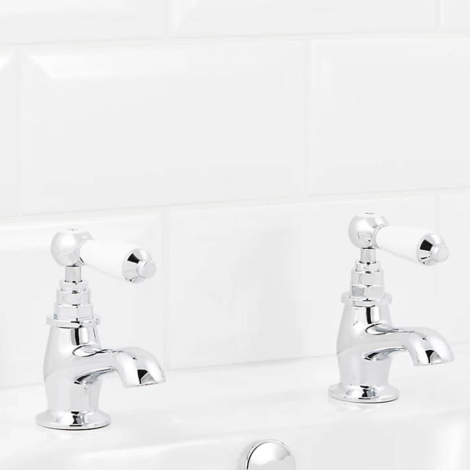 Bathroom Sink Taps Basin Pillar Chrome Traditional Lever Silver Twin Pair - Image 4