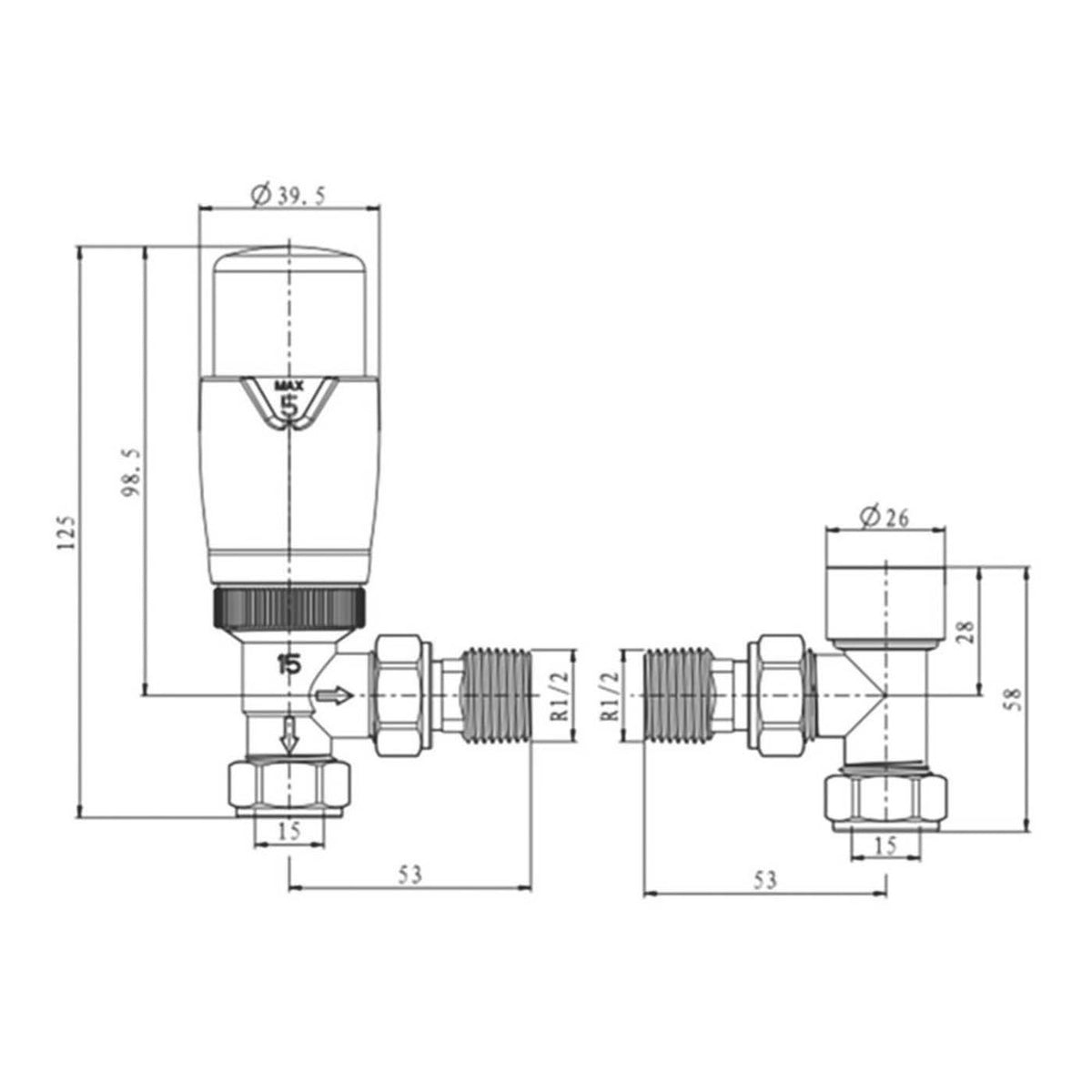 Reina Thermostatic Radiator Valve Modal TRV Chrome Angled 15x15mm Lockshield - Image 3