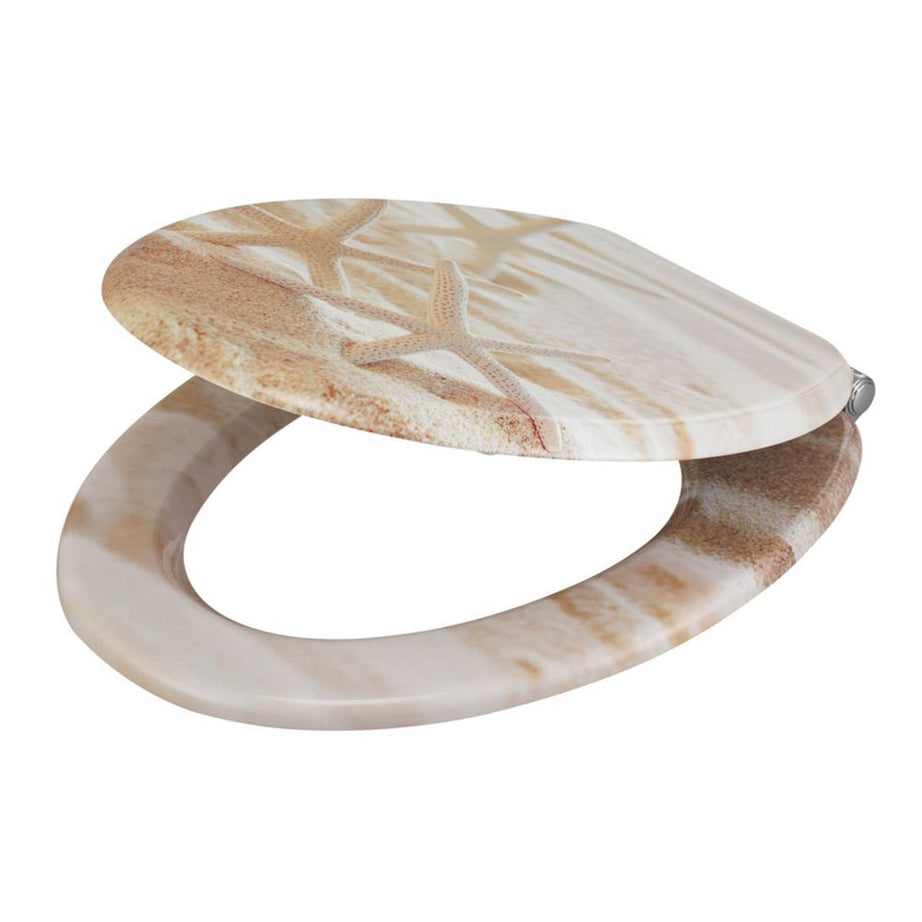 Bathroom Toilet Seat Soft-Close Moulded Wood Beach Print Round Adjustable - Image 1