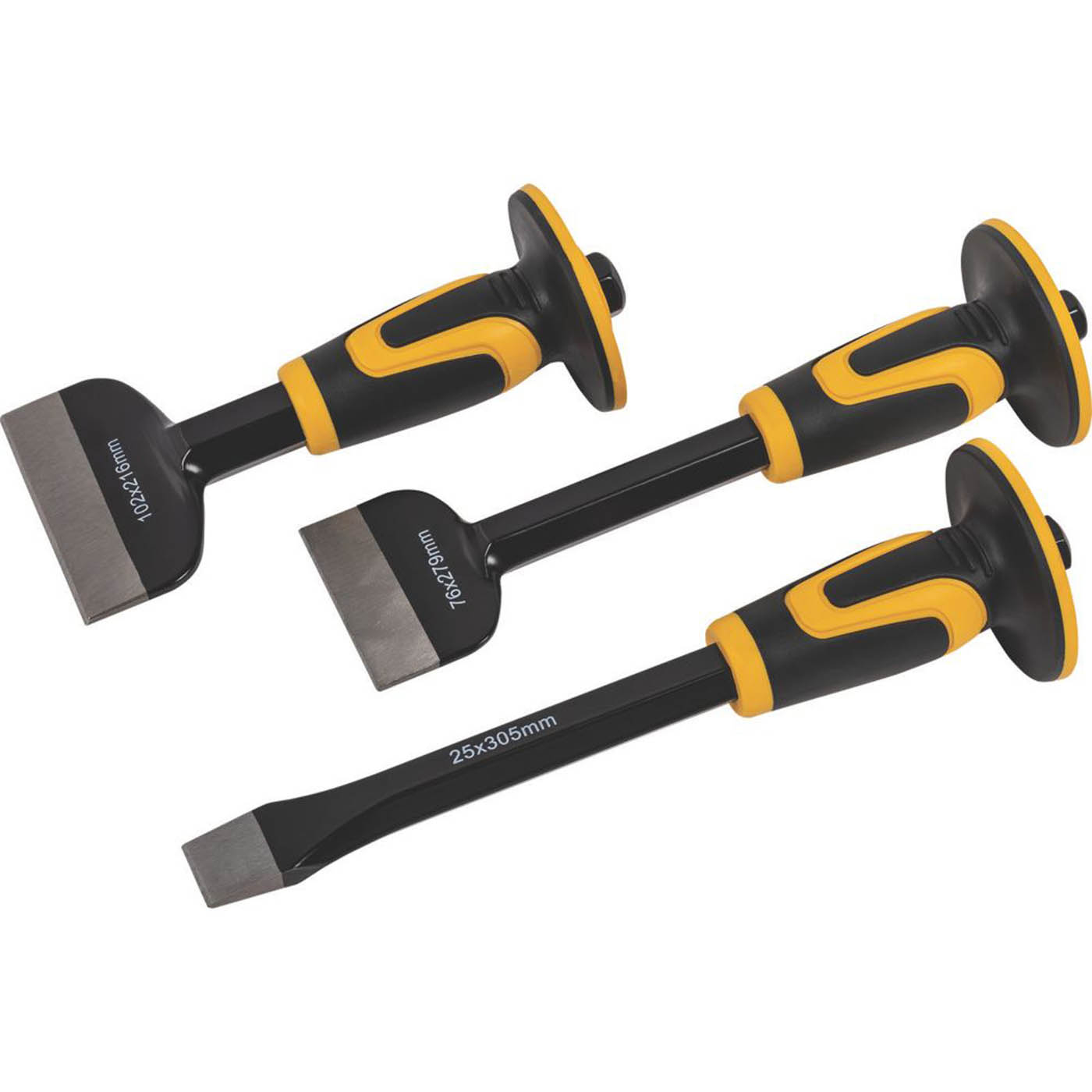 Guarded Bolster And Cold Chisel Set 3 Pieces Black Carbon Steel Hexagonal Shaft - Image 1