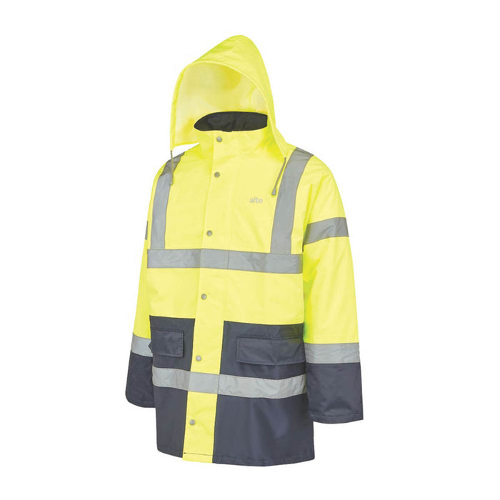 Site Hi-Vis Traffic Jacket Yellow Waterproof Zip Pockets Hood Medium 51" Chest - Image 1