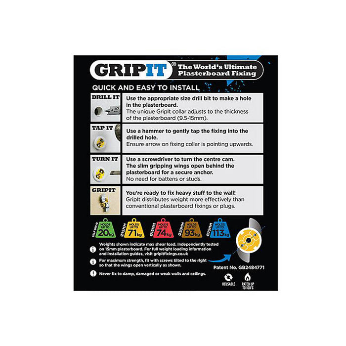 Gripit Yellow Plasterboard Fixings 15mm GP15100 Removable Reusable Pack 100 - Image 7