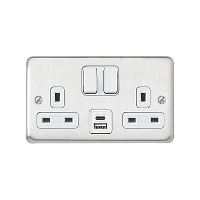 Switched Socket 13A 2 Gang Type A C USB Charger 3A 15.5W Brushed Stainless Steel - Image 2