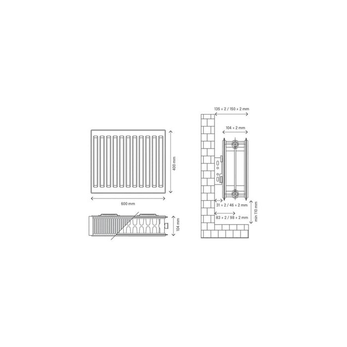 Flomasta Convector Radiator 22 Double Panel White Horizontal 731W (H)40x(W)60cm - Image 4