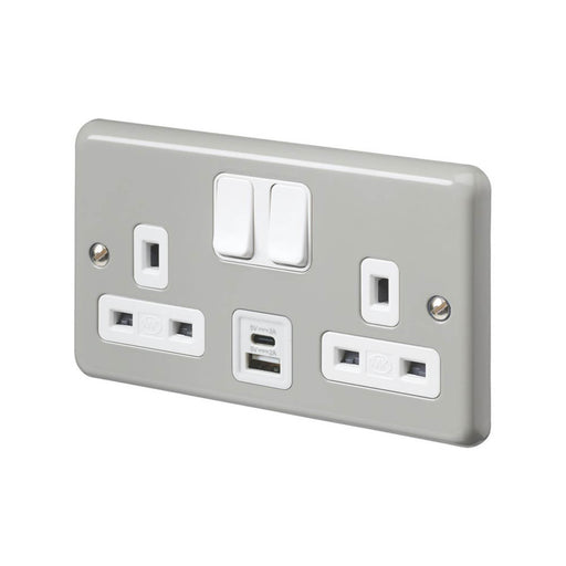 Wall Switched Socket Electrical USB Charger 2 Gang Double Screwed Grey - Image 1