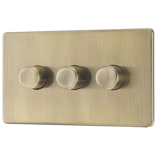 LED Dimmer Wall Switch Rotary 3-Gang 2-Way Antique Brass Screwless Flat - Image 1