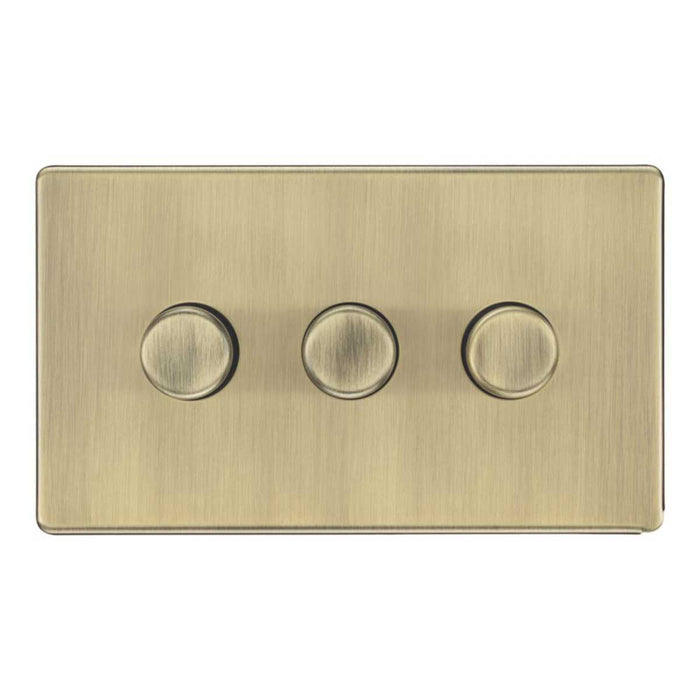 LED Dimmer Wall Switch Rotary 3-Gang 2-Way Antique Brass Screwless Flat - Image 2