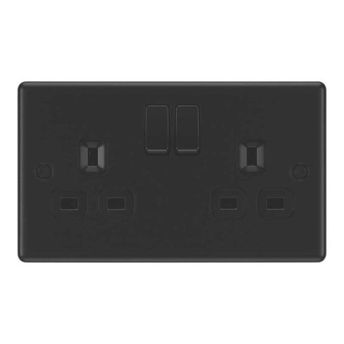 Switched Wall Socket 2-Gang Matt Black Double 13A SP With Black Inserts 5 Pack - Image 2