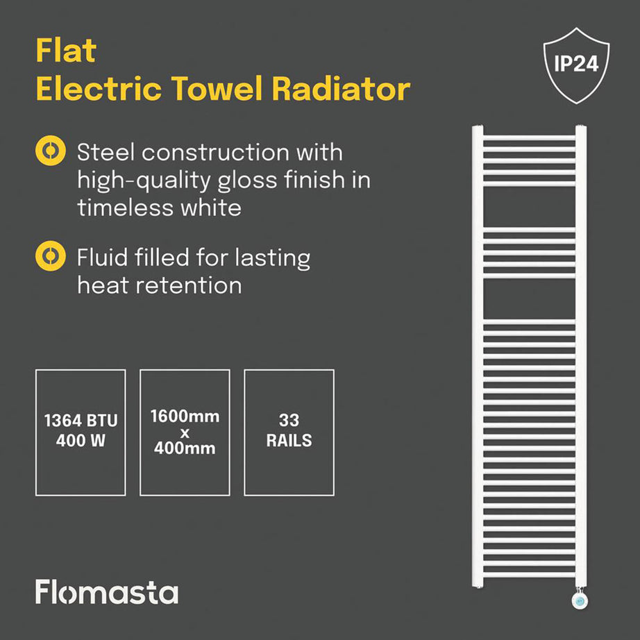 Flomasta Flat Towel Radiator Electric White Programmable 1600mm x 400mm 1364BTU - Image 4