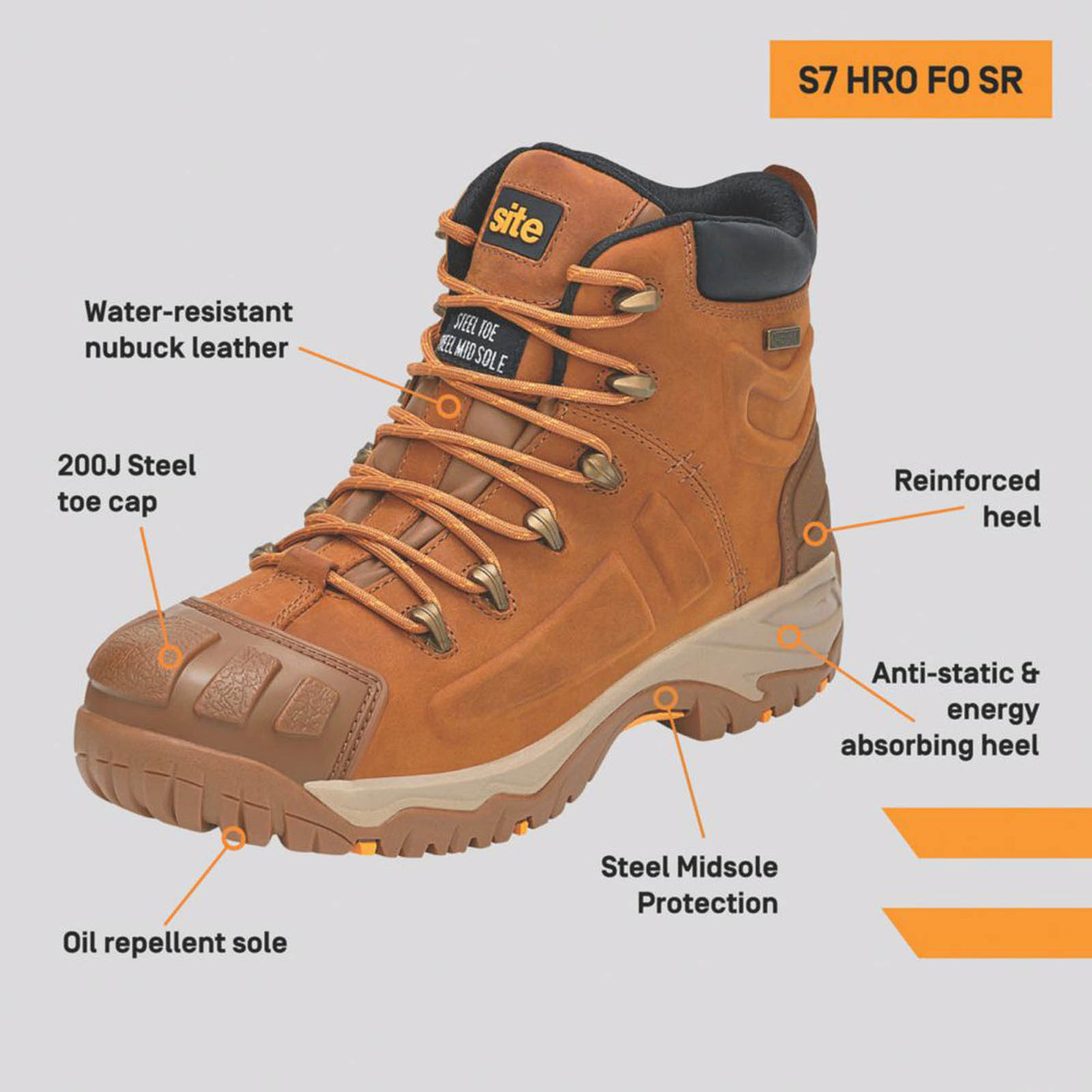 Site Safety Boots Fortress Tan Waterproof Steel Toe Cap Size 7 - Image 3