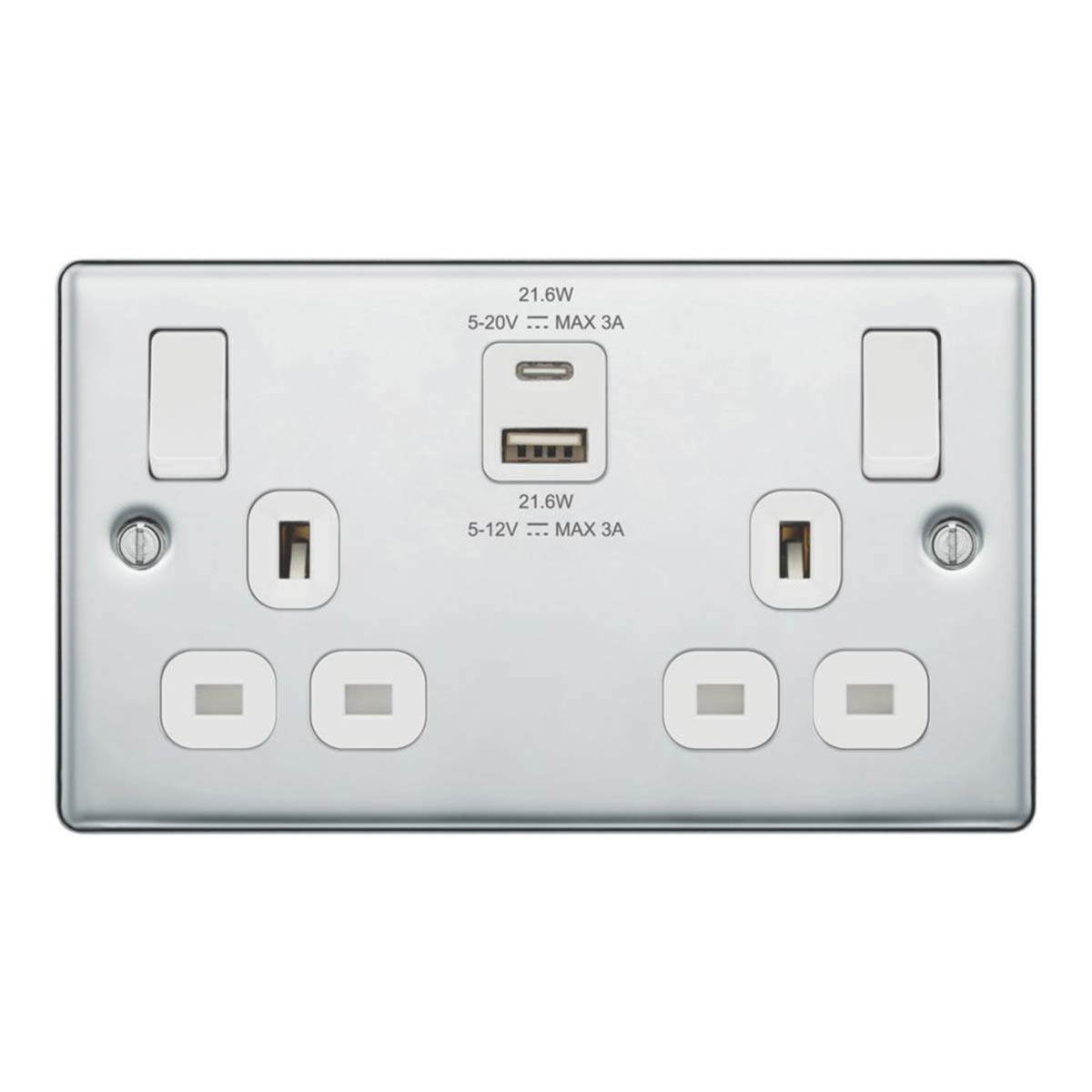 LAP Switched Socket Type A & C USB Charger Chrome 13A 2-Gang SP +3A 22W 2-Outlet - Image 1