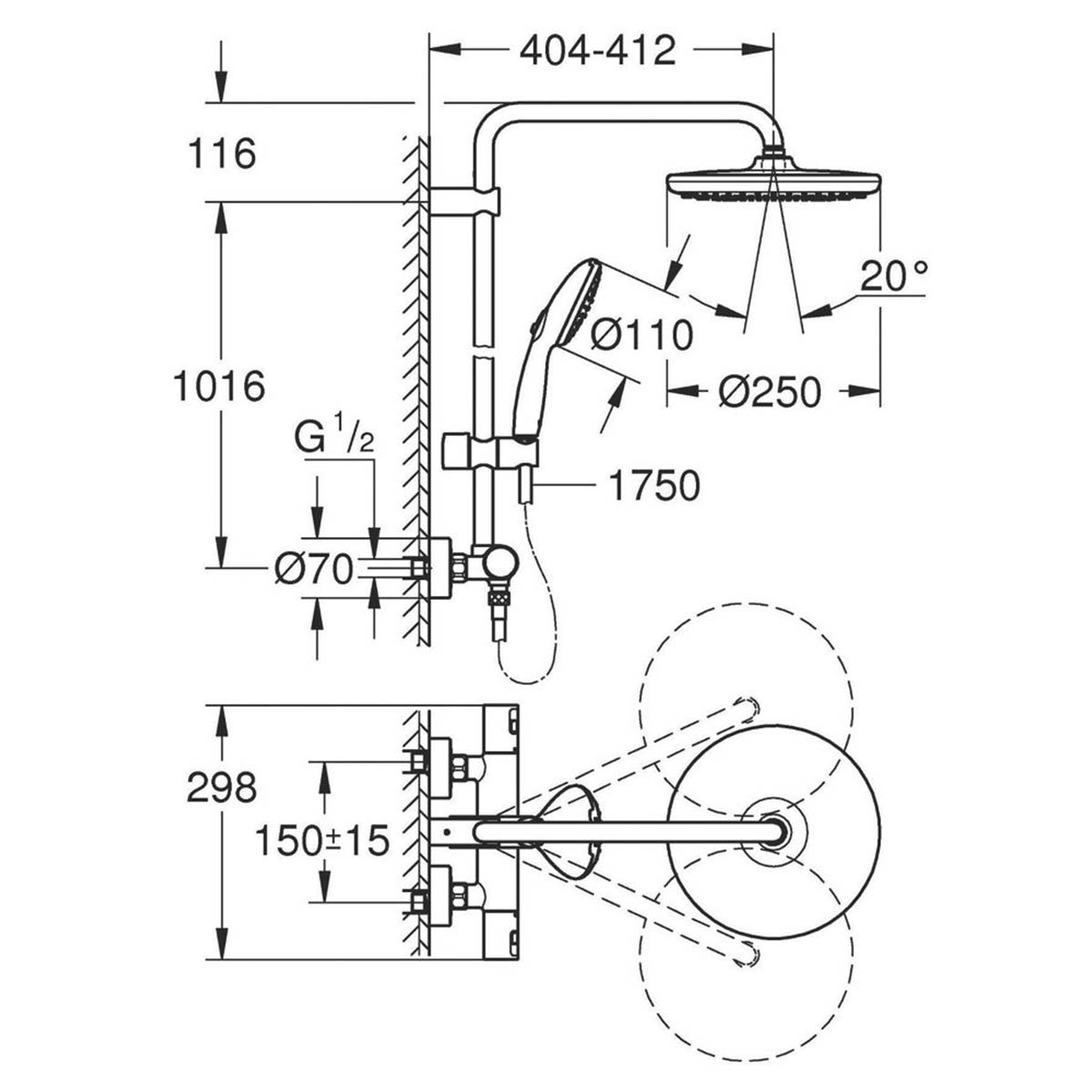 Grohe Thermostatic Shower System Exposed Chrome Single Spray Pattern Twin Head - Image 2