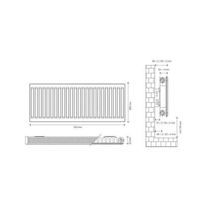 Flomasta Convector Radiator 11 Single Panel White Horizontal 736W (H)40x(W)110cm - Image 5