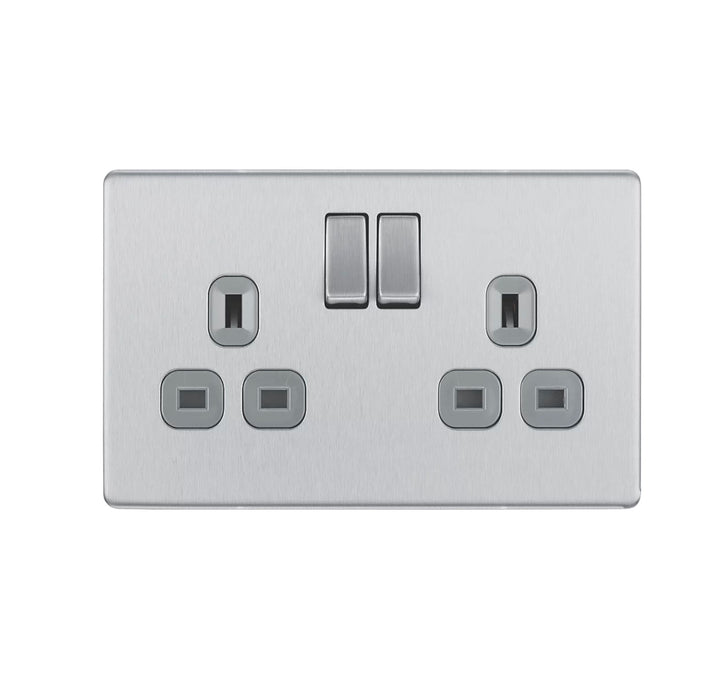 LAP Power Socket 2 Gang Switched Screwless Brushed Steel Flat 13A 240V Pack Of 5 - Image 3