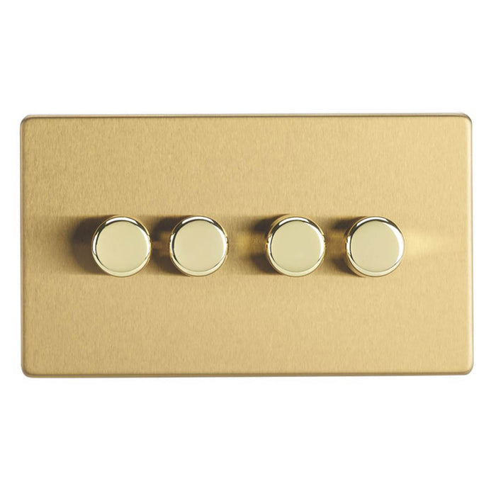 LED Dimmer Wall Switch 4-Gang 2-Way Brushed Brass Rotary Push On/Off Screwless - Image 2