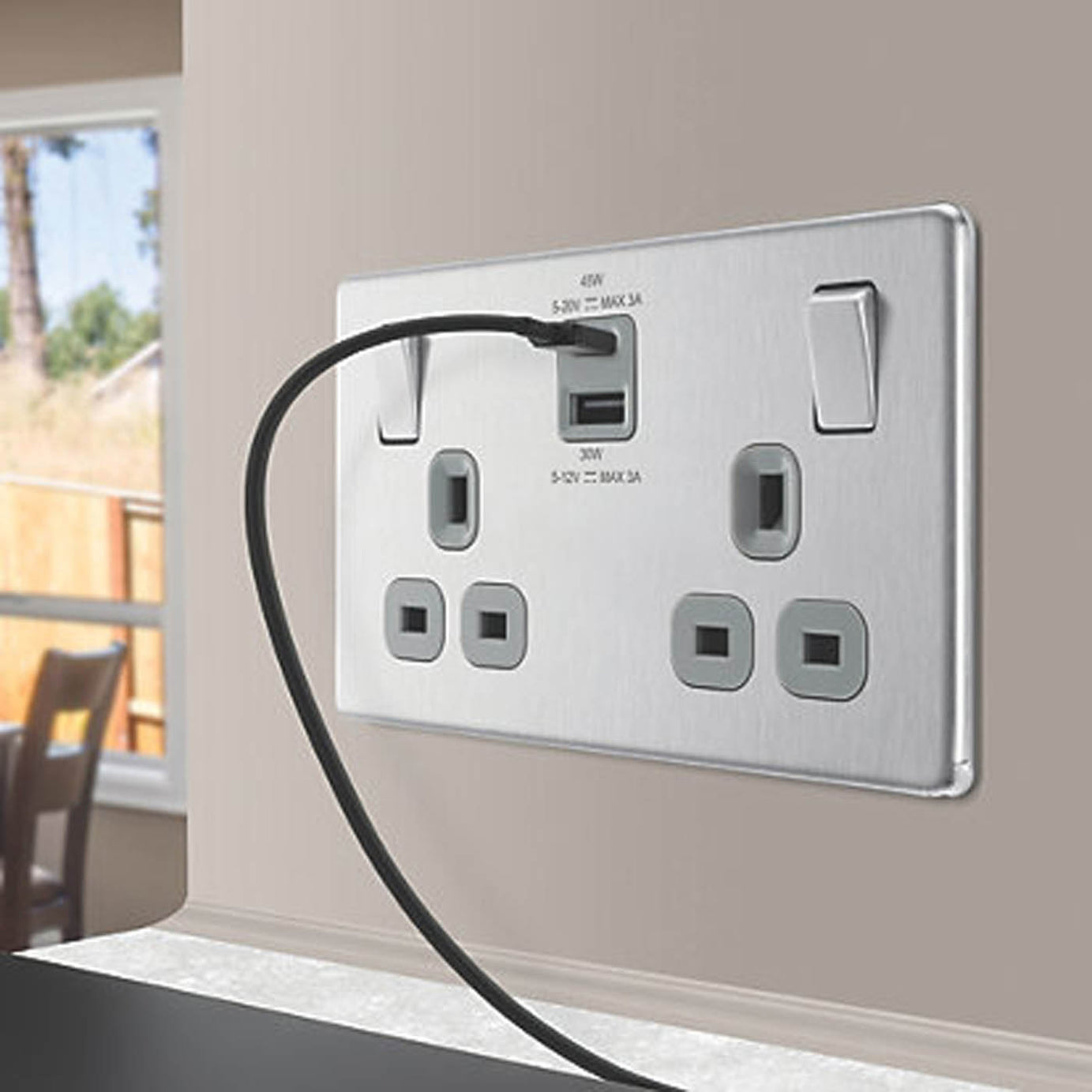 LAP 13A 2-Gang SP Switched Socket + 3A 45W 2-Outlet USB Charger Brushed Steel - Image 2