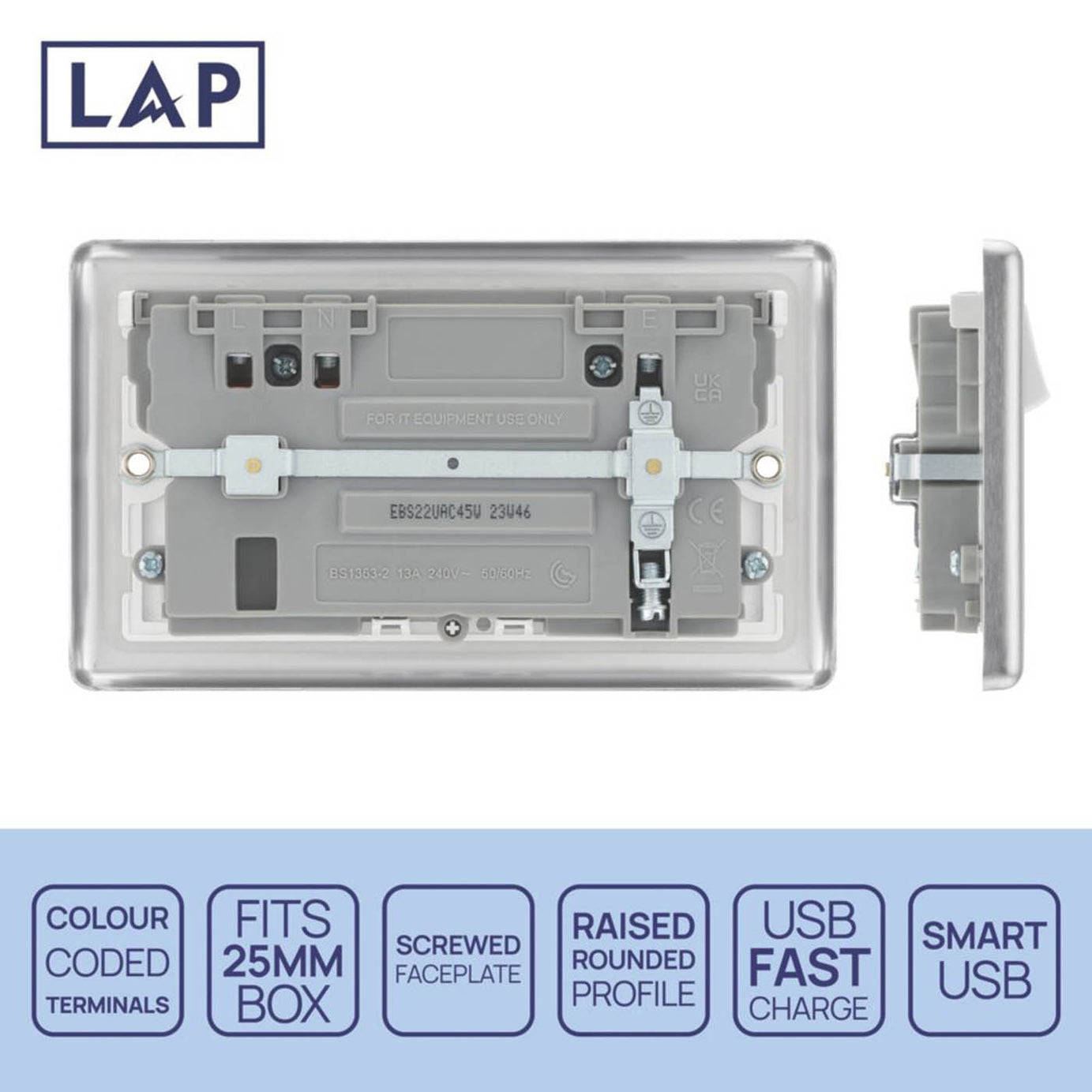 LAP Switched Socket 13A 2-Gang Type A&C USB Charger Brushed Steel White Inserts - Image 3