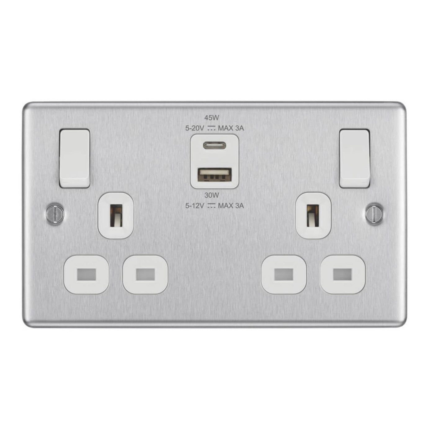 LAP Switched Socket 13A 2-Gang Type A&C USB Charger Brushed Steel White Inserts - Image 6