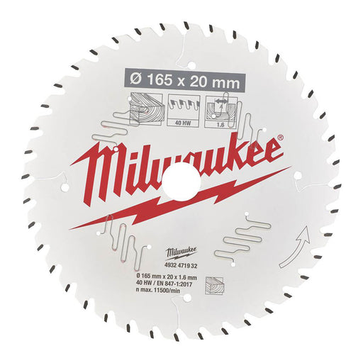 Milwaukee Circular Saw Blade Wood Cutting Precise 40 Carbide Teeth 165mm x 20mm - Image 1