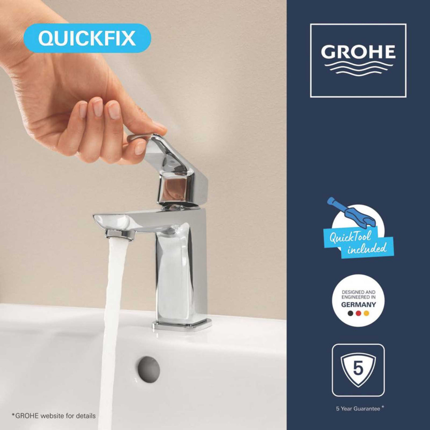 Grohe Bathroom Basin Tap Mono Mixer Chrome Single Lever Clicker Waste Faucet - Image 5