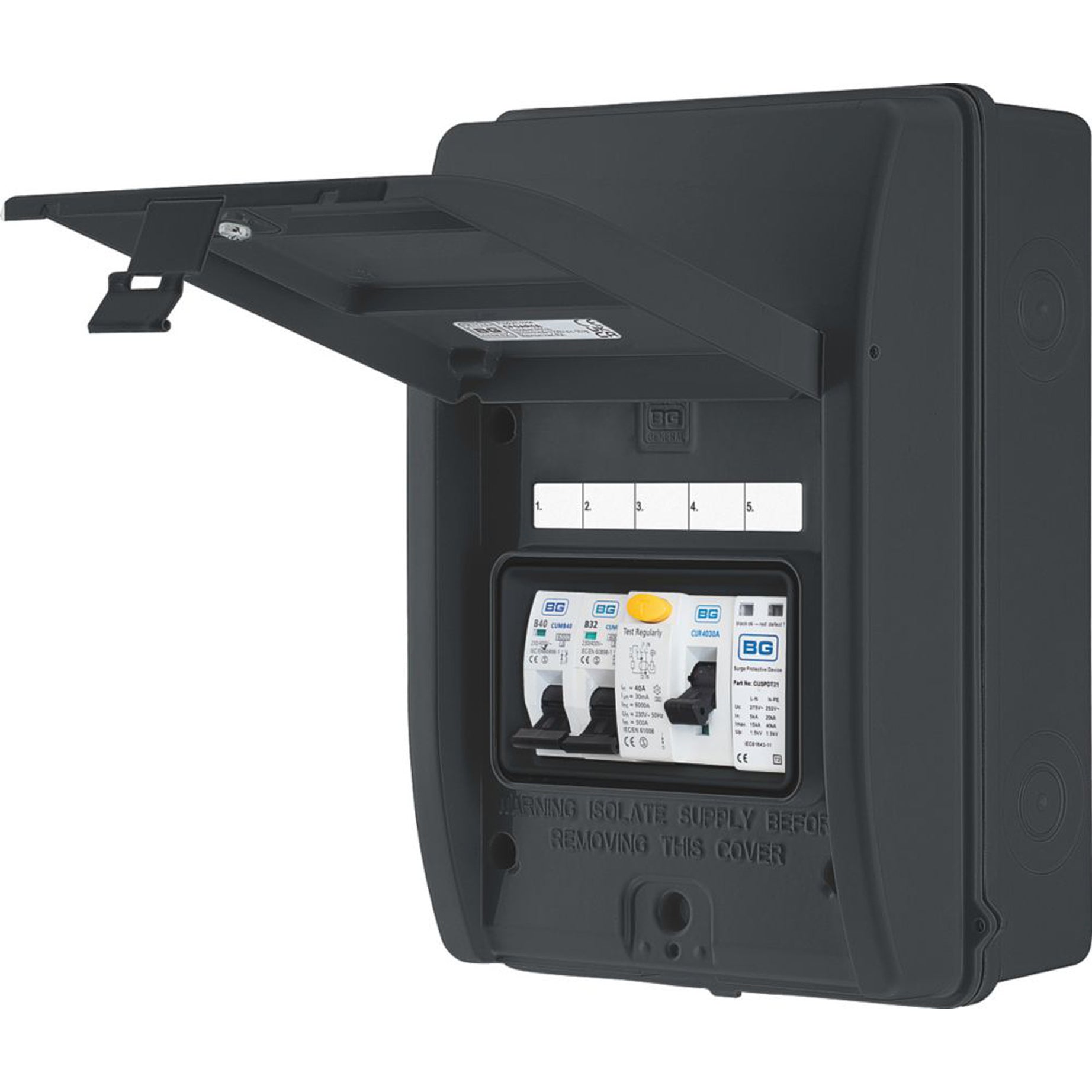 BG EV Charger Consumer Unit With SPD Metal IP65 Outdoor 5-Module 5-Way Populated - Image 1