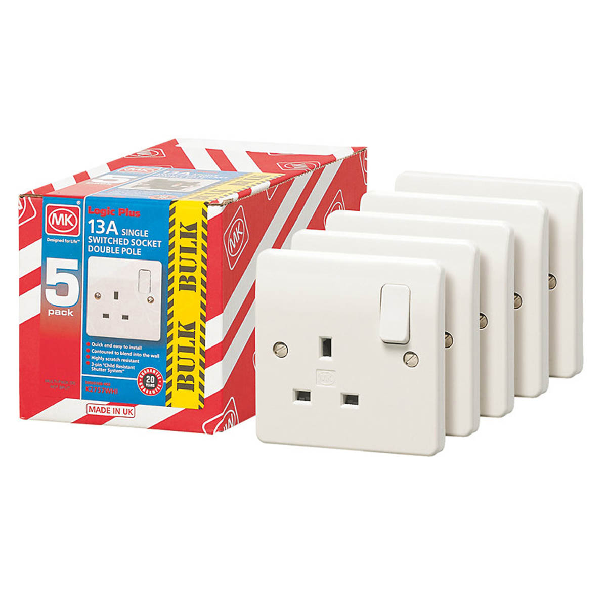 MK Wall Plug Sockets 1-Gang Double Pole Switched 13A White Slim Pack Of 5 - Image 1