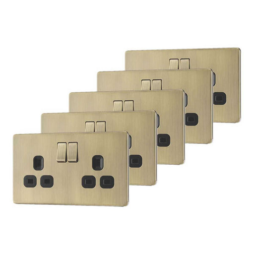 Switched Wall Socket 13A 2-Gang DP Screwless Antique Brass Flat Pack of 5 - Image 1