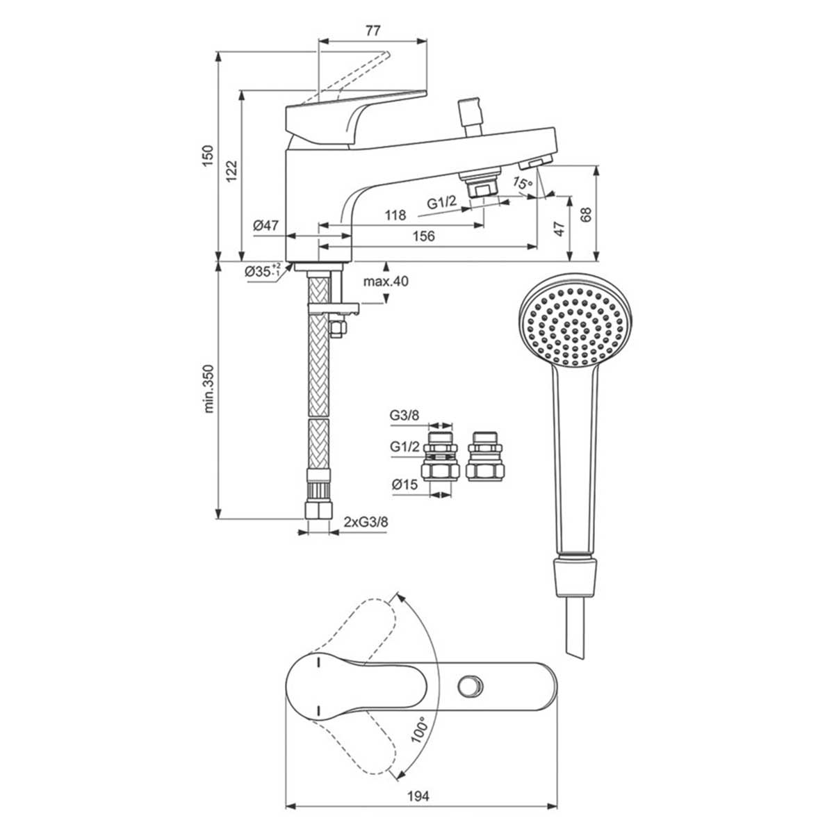 Bath Filler Tap And Shower Mixer Set Hand Held Single Lever Chrome Bathroom - Image 4