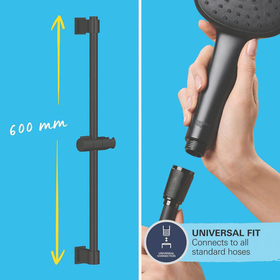 Grohe Shower Rail Set 2 Spray Patterns Matt Black Kink Free Hose Contemporary - Image 4