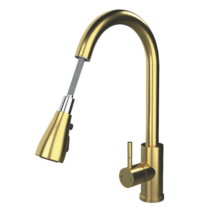 Kitchen Tap Mixer Brushed Brass Single Lever Pull-Out Spout Contemporary Faucet - Image 4
